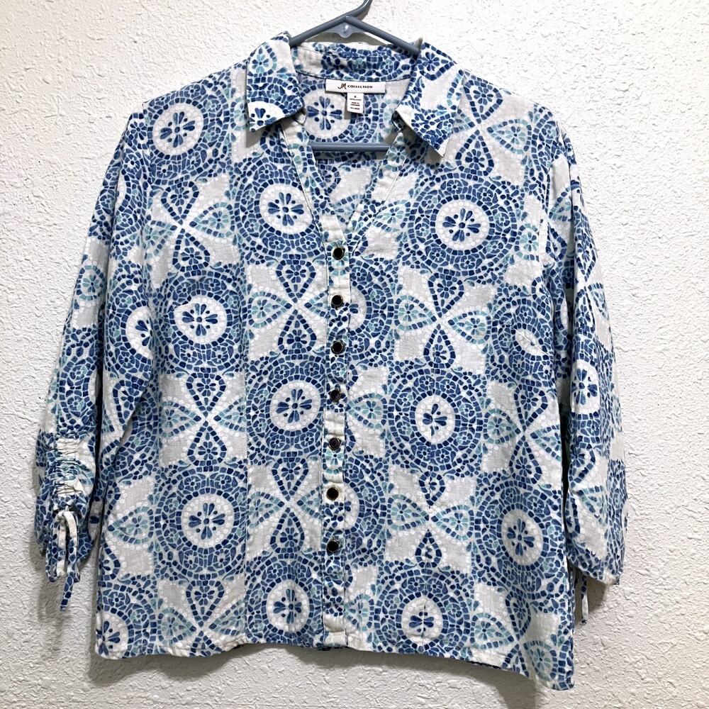 JM Collection Womens Sz 6 100% Linen Blue Mosaic Print Button Front Shirt Top